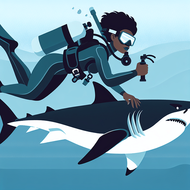 diver gently pushing away a great white shark