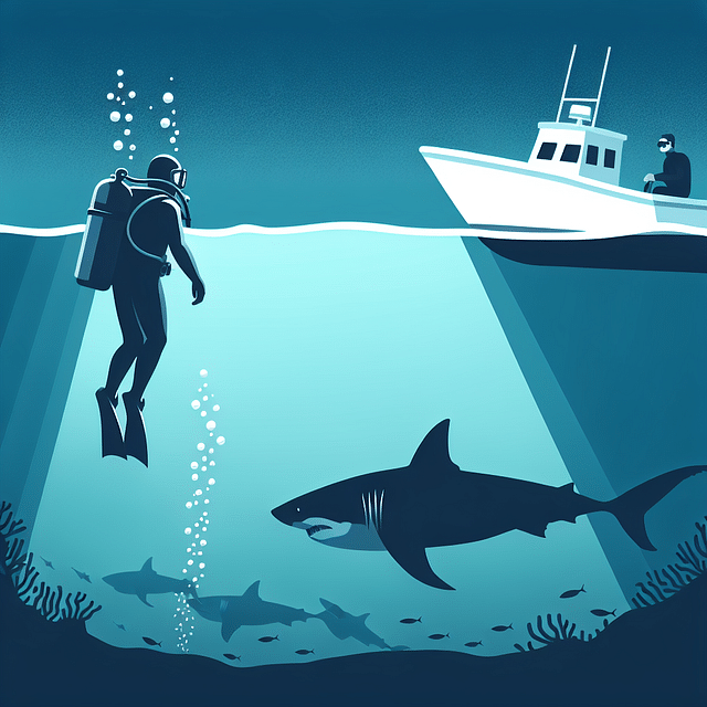 diver safely ascending to a boat with a great white shark in the distance