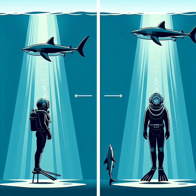 diver standing vertical in water watching a great white shark