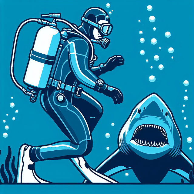 diver backing away from a great white shark