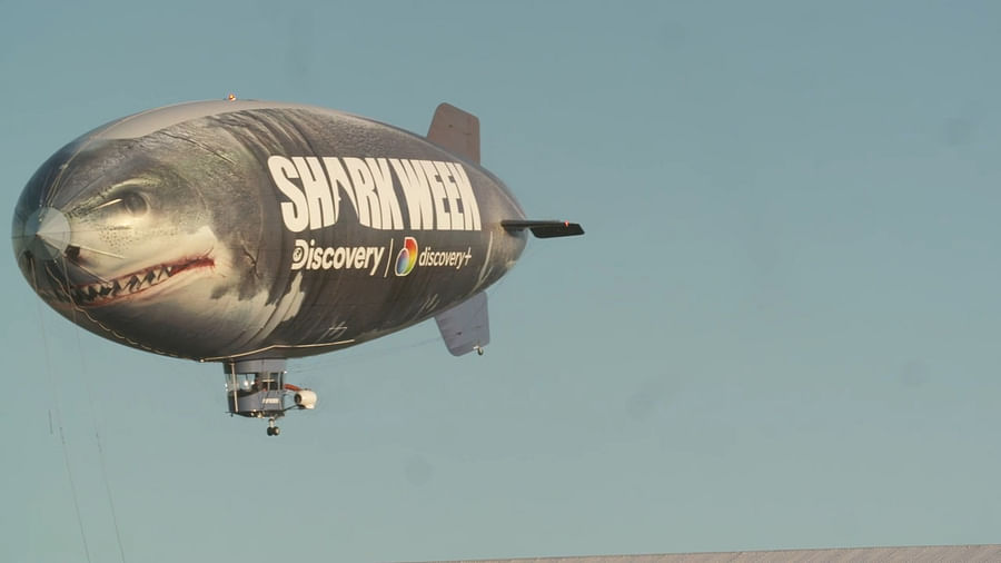 Screenshot of the Shark Week website showing the real-time location of the Shark Week blimp